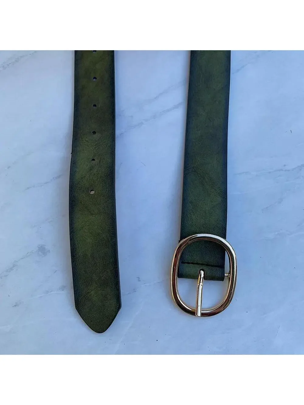 Faded Green leather belt with Gold oval belt buckle. Very cool unique belt. Y2k